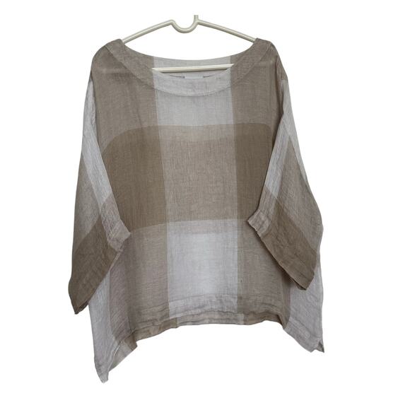 Pure J Jill Linen Airy Weave woven Top Tan white Boxy Lagenlook Coastal Boho L - Picture 1 of 16